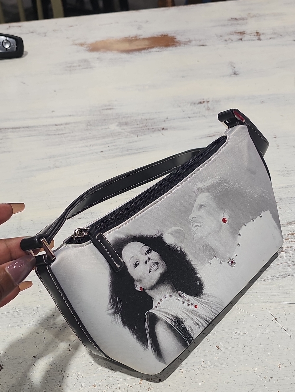 Black & White Diana Ross Portrait Shoulder Bag with Red Accent